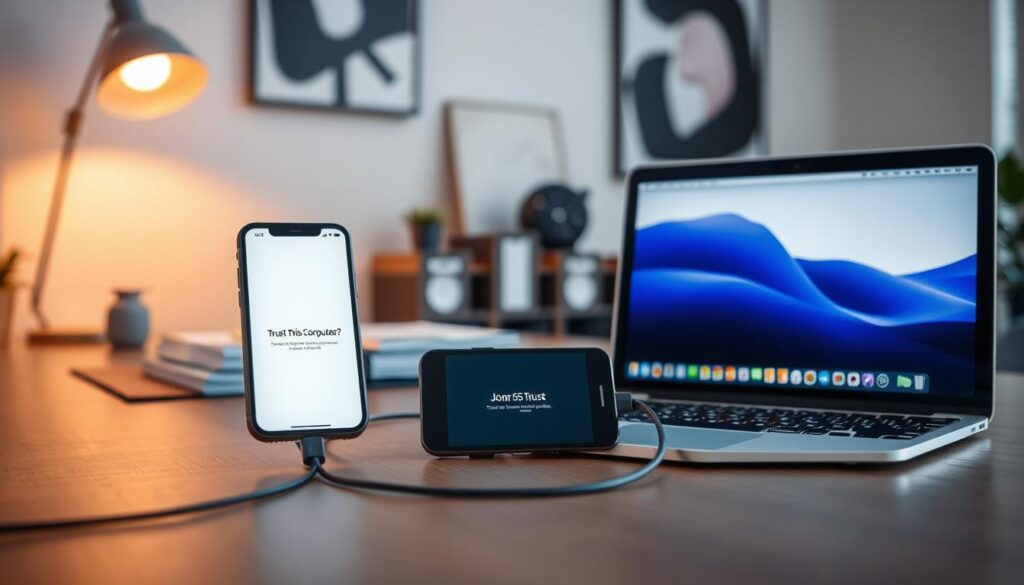 A modern workspace featuring a sleek MacBook and an iPhone being connected via USB cable. In the foreground, focus on the iPhone with its illuminated screen displaying the "Trust This Computer?" prompt, set against the clean, minimalist design of the MacBook. The middle layer includes the workspace, with a stylish desk, organized documents, and a warm desk lamp casting soft light. In the background, a wall with abstract art enhances the tech ambiance. The scene is bright and welcoming, with a professional atmosphere, emphasizing trust and connectivity. Use a shallow depth of field to blur the background slightly, drawing attention to the iPhone and MacBook interaction. The lighting should be warm and inviting, creating a sense of reliability and security.
