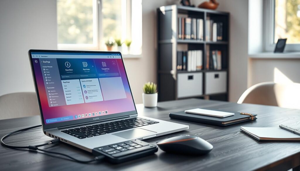 A modern workspace featuring a sleek computer setup dedicated to remote tools for managing virtual machines. In the foreground, a high-resolution laptop with a vibrant display shows a remote access dashboard, surrounded by ergonomic peripherals like a wireless mouse and keyboard. The middle ground includes a stylish office desk, adorned with a potted plant and a notebook, conveying productivity. In the background, a subtle bookshelf filled with technology books adds depth. Natural daylight pours through a window, creating soft shadows and a warm atmosphere. The image captures a sense of confidence and professionalism, ideal for illustrating advanced technological applications in modern work settings.