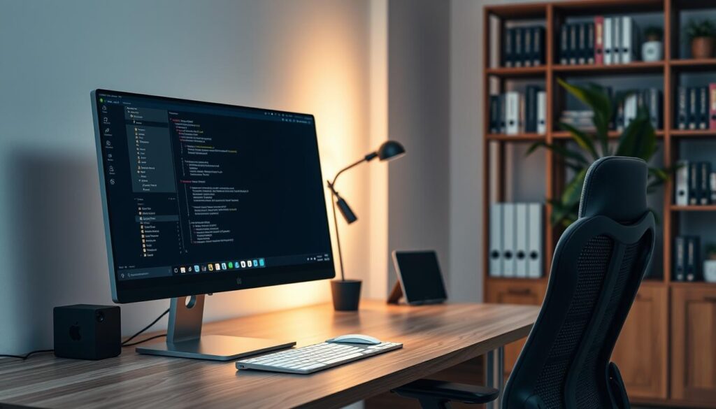 A modern workspace featuring a sleek, high-end computer vividly displaying a smooth user interface. In the foreground, the computer screen depicts an open terminal and various productive applications, all running seamlessly. The middle layer consists of a minimalist desk with a smooth wooden finish, complemented by a stylish ergonomic chair. A soft, warm light casts a gentle glow over the scene, enhancing the ambiance. In the background, a well-organized bookshelf filled with tech-related books and a potted plant adds a touch of life to the image. The overall atmosphere exudes productivity and efficiency, showcasing the ideal environment for a computer running smoothly. The angle is slightly tilted to highlight the screen’s clarity and the elegant setup.