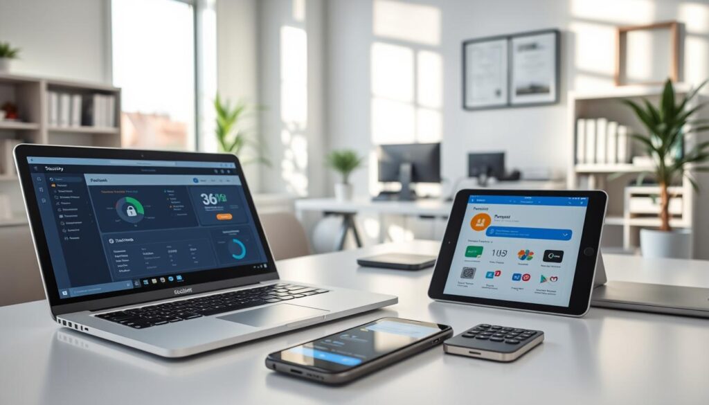 A modern workspace featuring multiple devices set in a clean, well-organized office environment. In the foreground, a sleek laptop open with a security dashboard displayed on the screen, alongside a tablet showing segmented work and personal applications. A smartphone rests nearby, displaying a secure browsing interface. In the middle ground, a contemporary desk with various devices indicates a dynamic digital ecosystem. Soft, natural lighting filters through a nearby window, casting gentle shadows, enhancing the professional atmosphere. The background includes a well-stocked bookshelf and framed certificates, highlighting a commitment to security. The overall mood is focused and efficient, demonstrating the importance of device separation in maintaining computer security across various environments.
