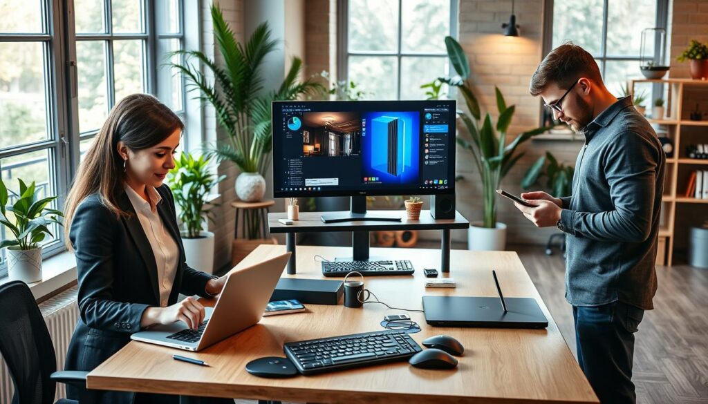 A modern workspace showcasing a diverse range of devices people are using instead of traditional PCs. In the foreground, a professional woman in smart casual attire works intently on a sleek laptop, while a man beside her uses a high-end tablet with a stylus. In the middle, a stylish standing desk features a powerful all-in-one computer, along with a wireless keyboard and ergonomic accessories. In the background, large windows let in natural light, illuminating a cozy atmosphere filled with greenery and tech gadgets. The overall scene is vibrant and inviting, highlighting innovative technology and a collaborative work environment. The composition is shot from a slightly elevated angle to capture all elements cohesively, with soft focus on the background for depth.