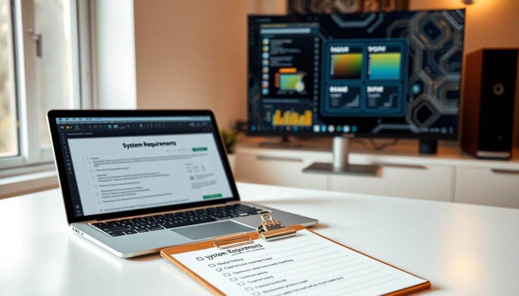 A modern workspace showcasing system requirements for transitioning from Windows, featuring a clean desk with a sleek laptop opened to a detailed specifications document. In the foreground, a clipboard with a checklist labeled "System Requirements" sits beside the laptop, with relevant technical icons (CPU, RAM, GPU) artfully illustrated. The middle layer displays a stylish monitor displaying a graphical representation of hardware compatibility charts. Soft, diffused lighting from a nearby window creates a warm atmosphere, emphasizing productivity. In the background, subtle technological elements like circuit patterns and abstract representations of silicon chips are blended into the wall, enhancing the technical theme. The scene is characterized by a professional and inviting mood, perfect for a tech-savvy audience. A modern workspace showcasing system requirements for transitioning from Windows, featuring a clean desk with a sleek laptop opened to a detailed specifications document. In the foreground, a clipboard with a checklist labeled "System Requirements" sits beside the laptop, with relevant technical icons (CPU, RAM, GPU) artfully illustrated. The middle layer displays a stylish monitor displaying a graphical representation of hardware compatibility charts. Soft, diffused lighting from a nearby window creates a warm atmosphere, emphasizing productivity. In the background, subtle technological elements like circuit patterns and abstract representations of silicon chips are blended into the wall, enhancing the technical theme. The scene is characterized by a professional and inviting mood, perfect for a tech-savvy audience.