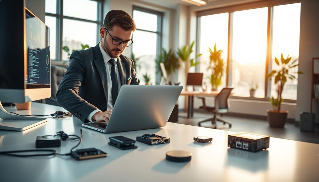A modern workspace showcasing technology autonomy, featuring a sleek, minimalist desk with a high-end computer setup, dual monitors displaying code and graphs, and various open-source hardware components scattered around. In the foreground, a person dressed in professional business attire is adjusting a laptop, their focused expression signifying intent and control. The middle ground displays a well-organized work environment with plants and ergonomic furniture, suggesting comfort and efficiency. In the background, large windows allow natural sunlight to flood in, illuminating the space with a warm glow. The atmosphere is calm and empowering, symbolizing independence from vendor restrictions and the freedom to customize technology. The composition is shot from a low angle to emphasize the spatial depth and innovation within the workspace, creating a sense of aspiration.