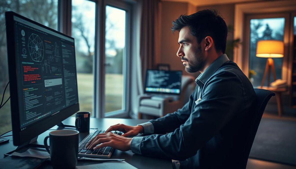 A person sitting at a desk in a modern home office, their expression conveying a mix of anxiety and frustration. In the foreground, the individual, dressed in smart casual attire, is staring at a computer screen filled with complex network diagrams and error messages, fingers hovering over the keyboard. The middle ground features scattered papers and a coffee mug, representing the chaotic state of their mind. In the background, large windows reveal a blurred outdoor scene, contrasting the indoor tension. The lighting is dim, with a soft desk lamp casting a warm glow, emphasizing the isolation and pressure felt in this remote working environment. The overall atmosphere is tense and introspective, capturing the essence of remote access anxiety.