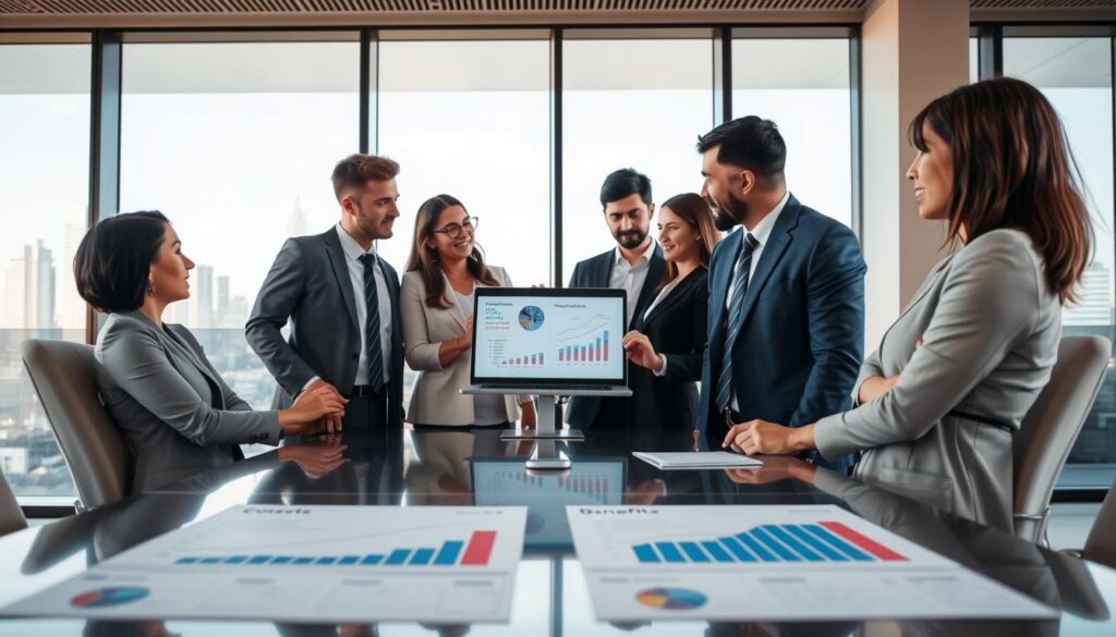 A professional business setting, with a sleek conference table in the foreground, surrounded by charts and graphs that illustrate costs versus benefits. In the middle, a group of diverse business professionals in smart business attire, engaged in a discussion, analyzing a presentation on a laptop screen. The background includes a large window showing a cityscape, with natural light illuminating the scene, creating a warm and focused atmosphere. The camera angle captures the hustle of a corporate environment, showcasing teamwork and strategy planning. The mood conveys collaboration and determination, embodying the importance of making informed decisions about paid support for Linux solutions.