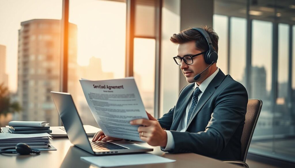 A professional office setting depicting a businessperson sitting at a desk, engaging with a laptop, illustrating the concept of "paid support access." In the foreground, focus on the individual, wearing smart business attire, intently reviewing a Service Level Agreement (SLA) document. The middle layer includes elements such as a desktop with technical manuals and communication tools, such as a headset and open email application. In the background, a large window shows a cityscape, with warm afternoon sunlight illuminating the room, creating a hopeful and productive atmosphere. The lighting is bright yet soft, emphasizing the professionalism of the scene while suggesting a sense of accountability and reliability inherent in paid support services. The overall mood is confident and focused, representing the importance of clear communication channels in tech support.