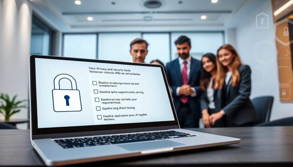 A professional office setting focused on privacy and security in remote support tools. In the foreground, a sleek laptop displays a lock symbol on the screen, accompanied by a digital checklist outlining baseline privacy requirements. In the middle, a diverse group of professionals, dressed in smart business attire, engage in a discussion over the laptop. They appear focused and collaborative, highlighting teamwork in ensuring data privacy. The background features a modern workspace with soft ambient lighting, clean lines, and security-related visuals like shields and encrypted data graphics. The overall mood is serious yet optimistic, conveying a sense of commitment to user privacy and security in technology.
