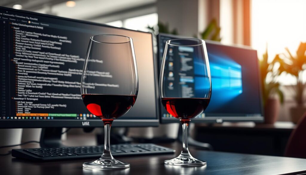 A professional workspace composed of a sleek desk with dual monitors displaying the Linux command line and a Windows application side by side. In the foreground, a wine glass filled with a rich red wine catches light reflections, symbolizing compatibility and sophistication. The middle layer includes a subtle background of a modern office, with plants and soft lighting creating a calm atmosphere. A warm, golden glow enhances the inviting mood, hinting at a collaborative environment. The angle is slightly tilted, focusing on the wine glass, while the monitors are blurred in the background. The overall tone conveys innovation and a seamless blend of different systems, showcasing the theme of harmony in technology. The scene is well-lit, using natural light filtering through a window.