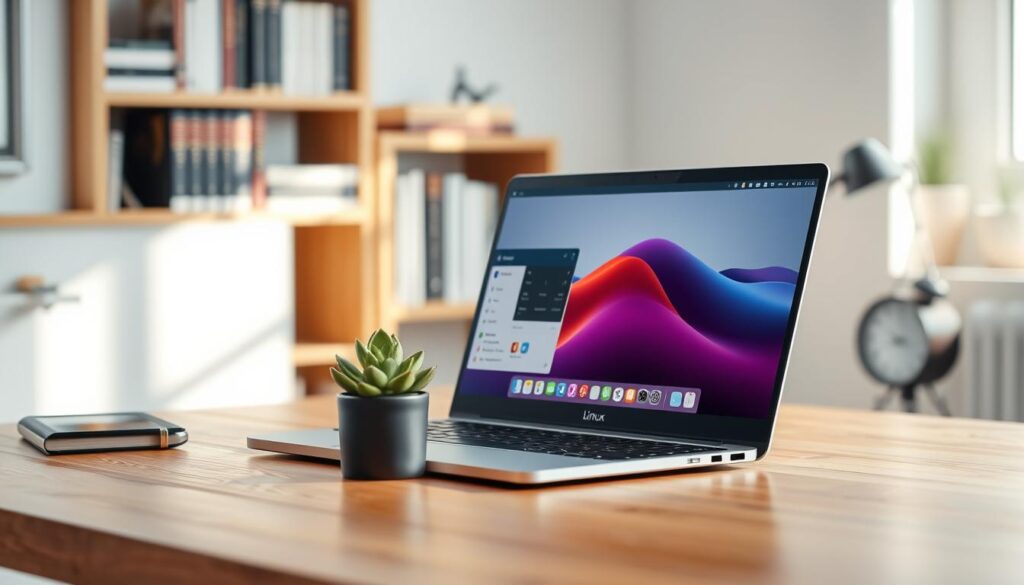 A serene and beautifully organized Linux desktop interface displayed on a sleek laptop sits on a minimalist wooden desk, reflecting a sense of tranquility and efficiency. In the foreground, the laptop features a variety of open applications, showcasing a smooth workflow with vibrant visuals and clean icons. In the middle ground, a potted succulent adds a touch of nature, symbolizing low-stress maintenance. The soft natural light from a nearby window illuminates the scene, creating a warm and inviting atmosphere. In the background, a blurred bookshelf filled with tech books and a small clock shows an easy pace of life, reinforcing the feeling of stability and ease. The overall mood is calm, focused, and professional, inviting the viewer to embrace the simplicity and reliability of a well-running system.