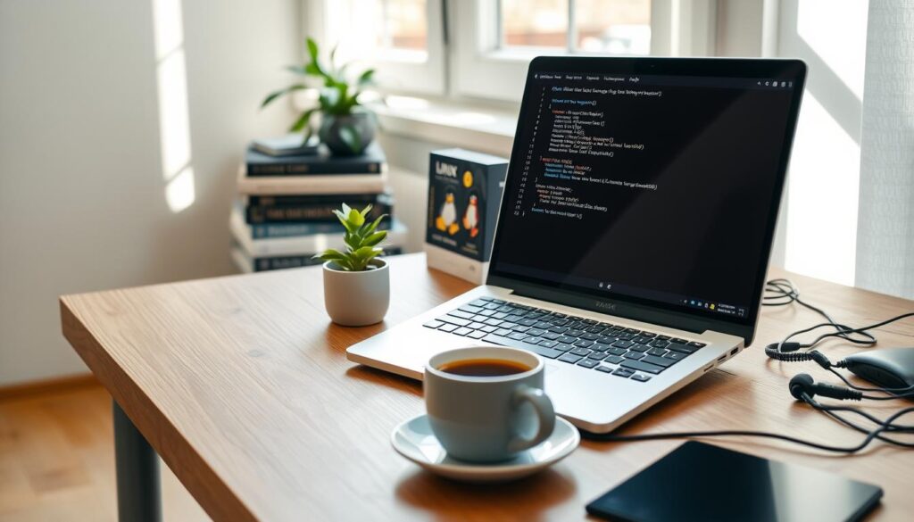 A serene home office setup, emphasizing readiness for Linux support. In the foreground, a modern wooden desk is cluttered with a sleek laptop displaying a Linux terminal. A cup of coffee sits beside the laptop, indicating a relaxed work environment. In the middle ground, a potted plant and a stack of tech books about Linux are arranged neatly, suggesting an eagerness to learn. The background features soft natural lighting streaming through a window, casting gentle shadows and creating a warm, inviting atmosphere. The mood is calm and focused, portraying a sense of preparedness and confidence in handling Linux issues independently.