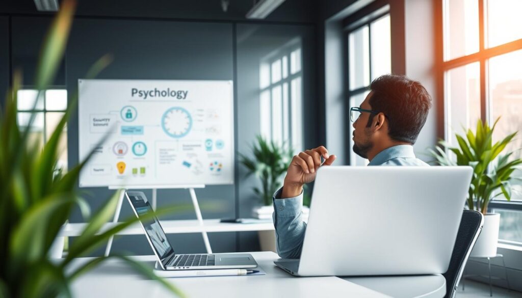 A serene office environment illustrating the concept of "psychology" in relation to security. In the foreground, a thoughtful individual in professional business attire is seated at a modern desk, gazing thoughtfully at a laptop with security visuals displayed. The middle ground features a whiteboard with colorful diagrams of psychological concepts and security strategies, while soft green plants add a calming touch. The background shows large windows with natural light streaming in, creating a warm and inviting atmosphere. Use a shallow depth of field to keep the focus on the individual and the whiteboard. The mood should be contemplative and inspiring, reflecting a recovery mindset with hues of blue and green to evoke tranquility and security. A serene office environment illustrating the concept of "psychology" in relation to security. In the foreground, a thoughtful individual in professional business attire is seated at a modern desk, gazing thoughtfully at a laptop with security visuals displayed. The middle ground features a whiteboard with colorful diagrams of psychological concepts and security strategies, while soft green plants add a calming touch. The background shows large windows with natural light streaming in, creating a warm and inviting atmosphere. Use a shallow depth of field to keep the focus on the individual and the whiteboard. The mood should be contemplative and inspiring, reflecting a recovery mindset with hues of blue and green to evoke tranquility and security.
