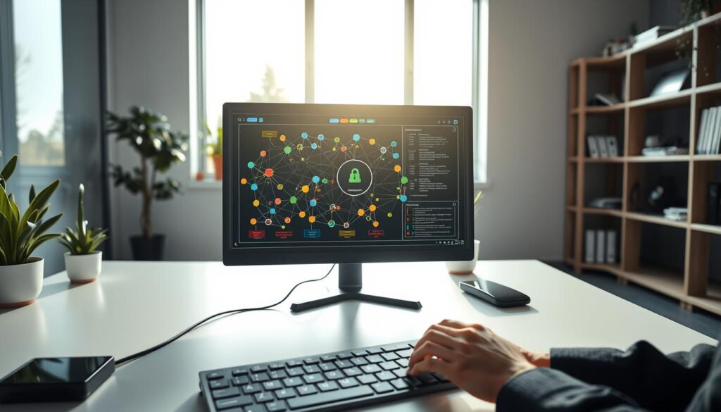 A serene office environment showcasing a sleek, modern workstation. In the foreground, a computer screen displays a detailed network diagram illustrating security updates, featuring interconnected nodes and data flows, all in vibrant colors. A pair of professional hands are poised over a keyboard, indicating active engagement. In the middle ground, a large window reveals a bright, sunny day outside, casting soft, natural light that softly illuminates the room. Potted plants add a touch of greenery, enhancing the calm atmosphere. In the background, muted shelves can be seen filled with tech books and digital devices, symbolizing an organized workspace. The overall mood is focused and productive, reflecting a balance between security and workflow efficiency amidst the complexities of technology.