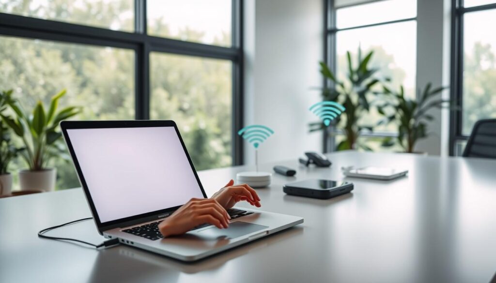 A serene office environment showcasing hands-off computing. In the foreground, a sleek modern desk with an open laptop displaying a clean, user-friendly interface, its screen reflecting an aura of calm. Beside the laptop, a pair of hands gently hovering above it, symbolizing interaction without direct touch. In the middle ground, an array of smart devices seamlessly connecting, with soft-glowing wireless signals that represent harmony and stability. The background features large windows letting in natural light, enhancing the tranquil atmosphere, while greenery outside adds a refreshing touch. The overall mood is one of ease and efficiency, captured with soft, diffused lighting to evoke serenity. A wide-angle lens captures the spaciousness, focusing on the smooth integration of technology into a maintenance-free lifestyle.