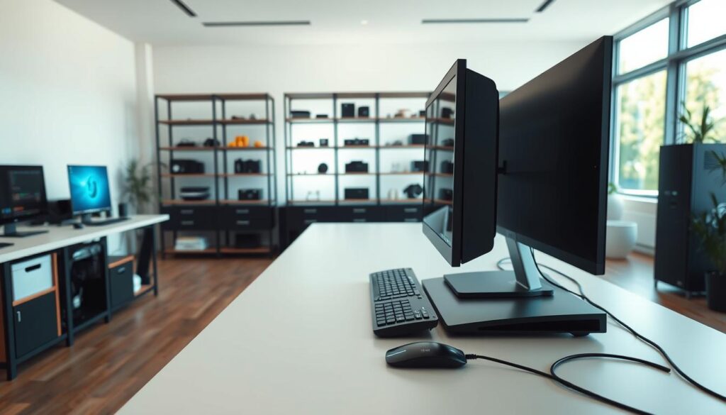 A serene office space showcasing low maintenance computer systems. In the foreground, a sleek, minimalist desk holds a high-performance, silent desktop computer with an elegant monitor displaying smooth, user-friendly interfaces. The middle ground features well-organized shelves with neatly arranged components and accessories, promoting an air of efficiency and simplicity. The background highlights a spacious room bathed in soft, natural light from large windows, accentuating a calming atmosphere of stability and focus. Use a wide-angle lens to capture the harmonious balance between technology and workspace. The overall mood is calm and professional, reflecting the reliability and ease of low maintenance systems in modern computing.
