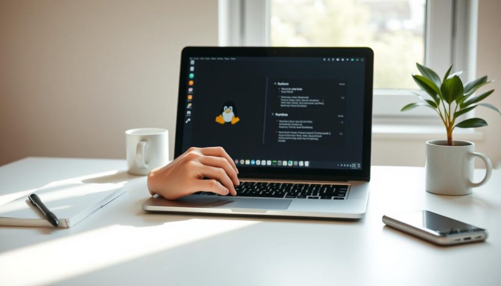 A serene workspace embodies "Linux minimalism," featuring a clean desk with a sleek laptop running a Linux operating system. In the foreground, a pair of hands, dressed in modest casual attire, effortlessly navigate the keyboard, illustrating a sense of control and mastery over technology. The middle ground reveals a few essential tools: a simple notepad, a minimalistic coffee mug, and an elegant potted plant, symbolizing clarity and focus. The background showcases a large window letting in soft, natural light, casting gentle shadows and creating a tranquil atmosphere. The color palette consists of soft whites, grays, and hints of green, promoting a calm and balanced vibe. The overall mood conveys empowerment, simplicity, and the joy of reclaiming ownership of one's digital environment.