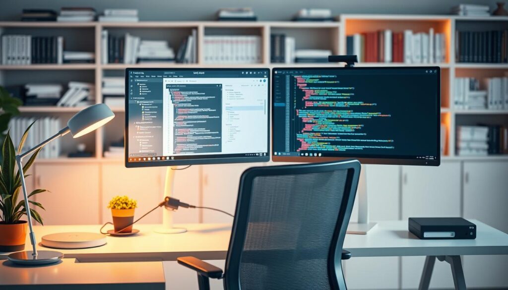 A serene workspace featuring a sleek, modern desktop computer setup with dual monitors displaying organized code snippets and project management tools, symbolizing a stable software foundation. In the foreground, a minimalist desk with a stylish desk lamp casting a warm glow. In the middle, an ergonomic chair complements a clean environment with plants adding a touch of greenery. The background reveals a soft-focus of bookshelves filled with technical books and manuals, evoking a sense of knowledge and structure. The lighting is soft and warm, creating an inviting atmosphere. The overall mood is calm and focused, ideal for productivity and low-maintenance efficiency.