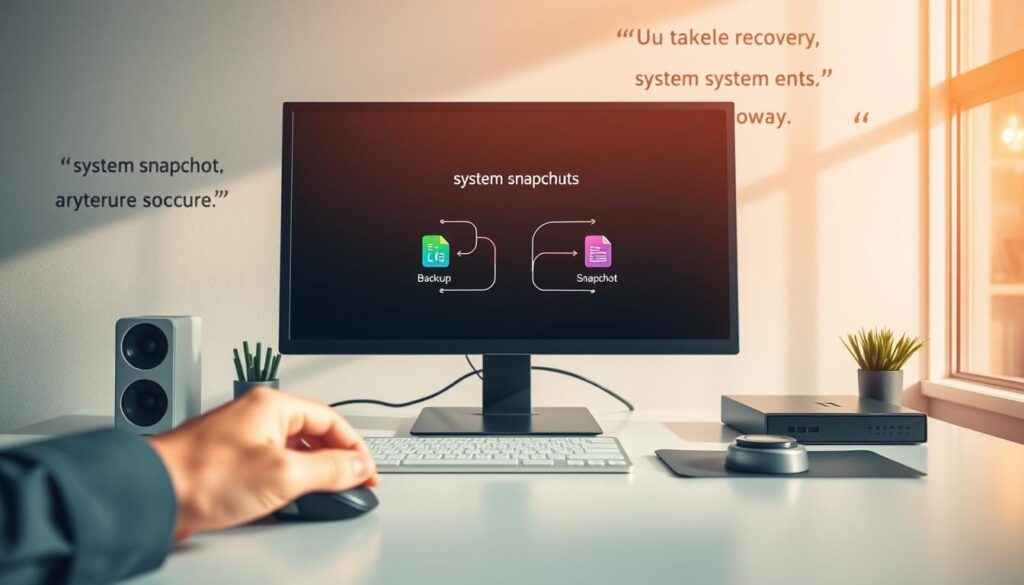 A serene workspace scene depicting a neatly organized desk with a modern computer setup, showcasing a screen displaying a graphical representation of system snapshots versus backups. In the foreground, a hand using a computer mouse reaches towards the screen, exuding an air of focus and determination. The middle ground features a clean layout with colorful icons symbolizing digital snapshots and backup files, surrounded by subtle lines indicating their relationship. The background displays a softly blurred wall with motivational quotes about data recovery and technology, illuminated by warm, natural sunlight streaming through a nearby window. The overall atmosphere conveys a sense of clarity and professionalism, emphasizing the importance of understanding snapshots in system recovery.