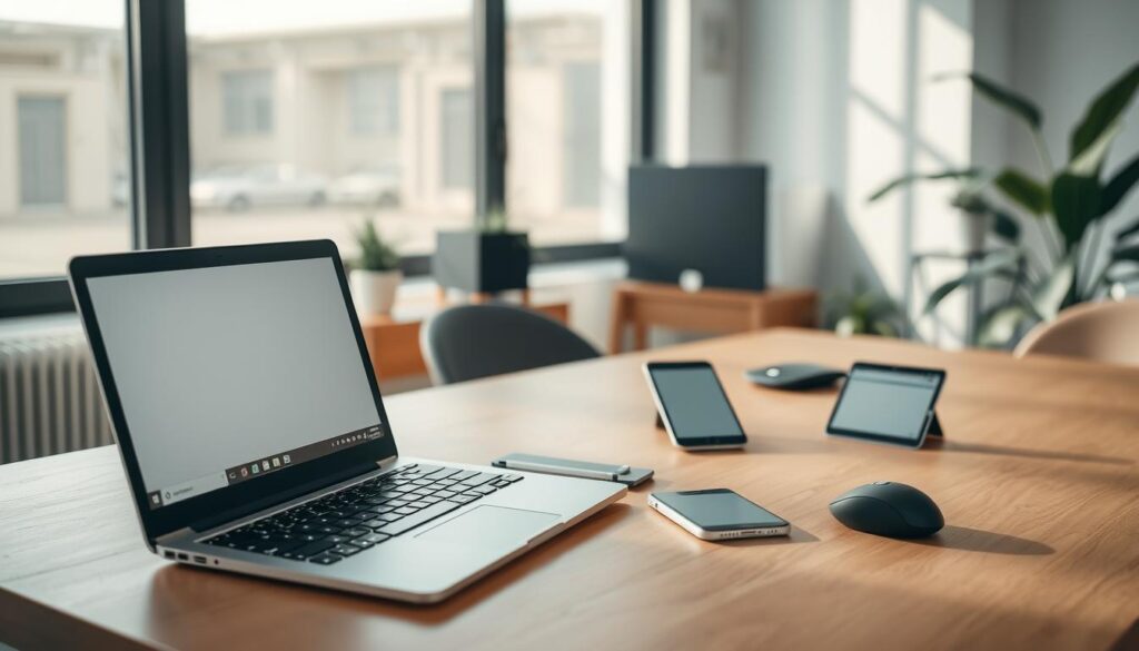 A serene workspace showcasing a decluttered Linux machine and various digital devices, emphasizing simplicity and organization. In the foreground, a sleek, modern laptop sits open with a minimalist desktop interface featuring only essential applications. Nearby, a smartphone and tablet are neatly arranged, displaying clean, organized screens without cluttered icons. The middle ground includes an elegant wooden desk with a few essential accessories: a stylish mouse and a notepad with a pen, signaling productivity. In the background, soft natural light streams through a large window, illuminating the space and casting gentle shadows. The atmosphere is calm and focused, evoking a sense of digital tranquility and efficiency in a professional environment. The color palette is warm and inviting, with neutral tones and green plant accents.