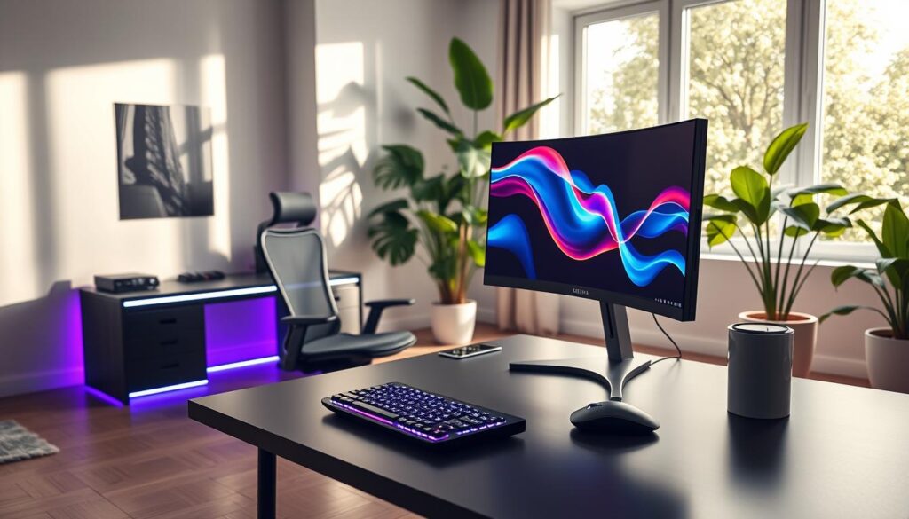 A sleek and modern computer setup designed for the future, situated in a well-lit, spacious home office. In the foreground, a cutting-edge curved monitor displays vibrant graphics, with a wireless custom keyboard and ergonomic mouse beside it. To the left, a minimalist desk with a futuristic design is complemented by an ambient LED light strip along the edges. The middle ground features a stylish office chair with a comfortable design, while a large window in the background allows natural light to flow in, casting soft shadows across the room. Lush green plants are strategically placed to enhance the workspace's vitality. The overall mood is inspiring and forward-thinking, emphasizing innovation and productivity, captured from a slightly elevated angle to showcase the entire setup. The lighting is bright and inviting, with a warm ambiance.