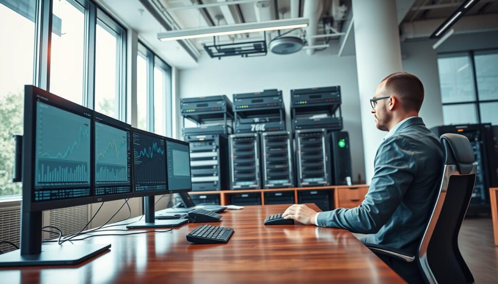 A sleek and modern office workspace designed for stability, featuring a high-end desktop computer and multiple monitors displaying graphs and charts. In the foreground, a professional wearing business attire sits at a polished wooden desk, focused on the screens. The middle shows a well-organized array of tools for enhancing system performance, like server racks and networking equipment, conveying a sense of balance and reliability. In the background, large windows let in soft, natural light, illuminating the room and creating a calm, productive atmosphere. The angle captures the entire setup, emphasizing the harmony between innovative technology and a stable environment.