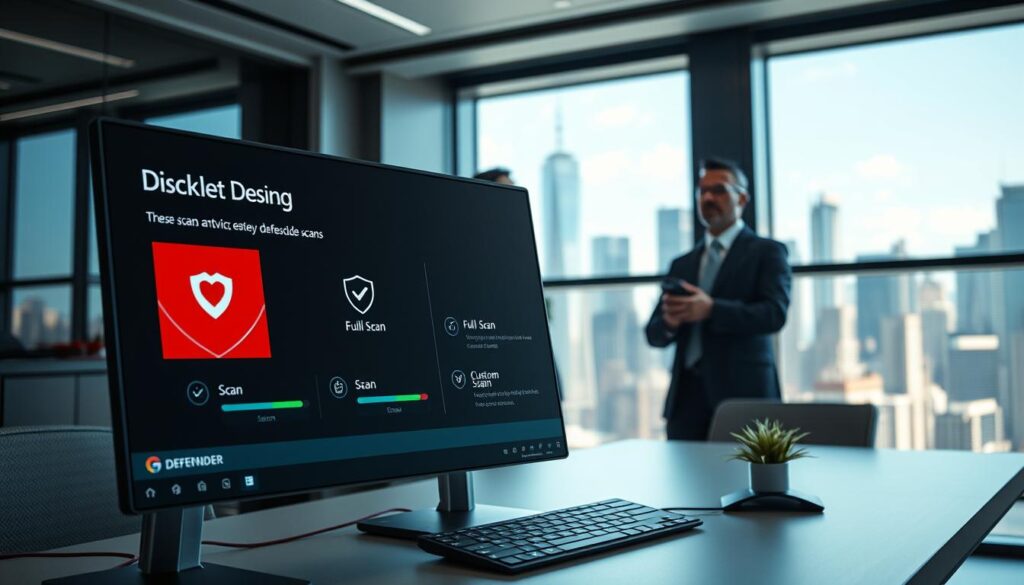 A sleek, modern office environment, showcasing a high-tech computer setup in the foreground. The screen displays the Microsoft Defender Antivirus interface, highlighting various scan types like quick scan, full scan, and custom scan, represented by captivating visual elements, such as progress bars and shields. The middle ground features professional business individuals in smart attire, observing the scan results with a look of focus and professionalism. In the background, a futuristic city skyline is visible through a large window, emphasizing an atmosphere of advanced technology and cybersecurity. Soft, ambient lighting enhances the scene, creating a sense of security and vigilance. The perspective is slightly angled to provide depth, making it an engaging visual for the topic of antivirus protection and virtual security.