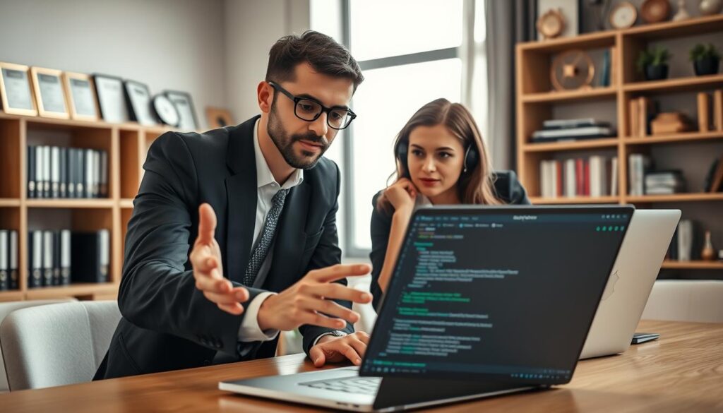 A sleek, modern office setting with a well-dressed IT professional consulting with a client over a laptop. The foreground features a focused individual in business attire, gesturing towards the screen, showcasing an organized desktop filled with Linux terminal windows and support documentation. In the middle, the client, relaxed yet engaged, leans forward, emphasizing the collaborative nature of professional support. The background reveals shelves lined with technical books and awards, indicative of expertise and reliability. Soft, natural lighting filters in through a large window, creating a warm and inviting atmosphere. The camera angle is slightly elevated, capturing the interaction to illustrate the importance of professional support in a tech-driven world.