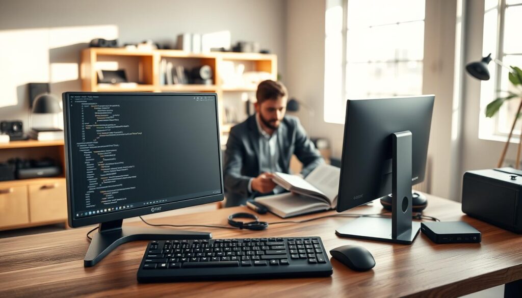 A sleek, modern workspace featuring a powerful Linux desktop setup as the focal point in the foreground. The desk is wooden and minimalist, with a high-resolution monitor displaying terminal windows and coding applications. A designer keyboard and mouse add a touch of elegance. In the middle ground, a focused professional in smart casual attire is seated, intently working on coding projects, surrounded by open books and digital devices. The background showcases a bright and airy office environment with shelves of tech gadgets and a large window letting in natural light, casting soft shadows across the room. The mood is one of concentration and innovation, reflecting a balance between productivity and creativity in the digital age. The angle is slightly elevated, highlighting the workspace and the details within it, evoking a sense of a tech-savvy daily driver experience with Linux.
