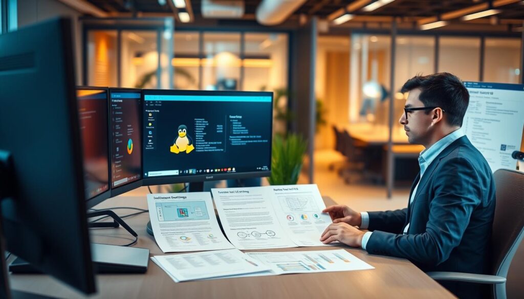A sleek, modern workspace featuring three computer monitors displaying Linux, Windows 10, and Windows 11 interfaces side by side. In the foreground, a professional dressed in business attire, focused on configuring settings, showing a sense of collaboration and expertise. The middle shows neatly organized service documents and diagrams outlining the process of implementing a backup-first multi-OS system, emphasizing clarity and structure. The background features a soft-focus view of a contemporary office with warm lighting reflecting a productive atmosphere. The overall mood is efficient and professional, symbolizing a seamless integration of technology. The composition should be captured with a slight depth of field effect, enhancing the viewer's attention on the deliverables.