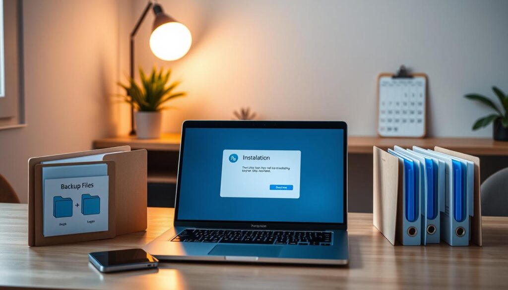 A sleek, modern workspace is depicted in the foreground, featuring a high-end laptop open to a software installation screen. Surrounding the laptop are organized folders labeled "Backup Files," showing images of file icons and external drives that suggest meticulous preparation. A soft, diffused light source from a nearby window creates a warm atmosphere, illuminating the workspace with hints of blue accents from the laptop's screen. In the middle ground, a wooden desk is adorned with a plant and a notebook, emphasizing a tidy and focused environment. The background reveals a minimalist wall with a subtle calendar, hinting at the importance of planning in software installations. The overall mood is professional and calm, inviting viewers to prepare thoughtfully before major system changes.