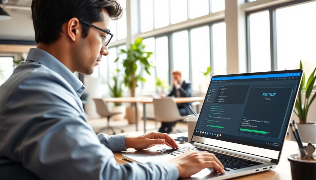 A sleek, modern workspace showcasing a computer with a vibrant desktop interface displaying various remote desktop applications like RDP, XRDP, and X2Go. In the foreground, a laptop with an open screen shows a clear connection to a virtual machine, with graphs and commands visible, epitomizing a seamless remote access experience. The middle ground features a smartly dressed professional using the laptop, absorbed in their task, with a focused expression. In the background, large windows reveal a sunny office environment filled with plants and minimalist furniture, creating a calm and productive atmosphere. Soft natural light illuminates the scene, enhancing the feeling of a low-stress computing environment, captured from a slightly elevated angle to emphasize the workspace layout.