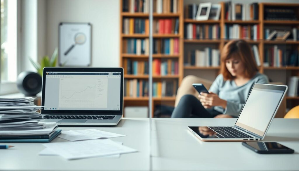 A split scene showcasing the separation between work and personal browsing to illustrate improved computer security. In the foreground, depict a modern desk with a sleek laptop displaying a professional business interface, surrounded by documents and notes in organized piles, indicating a focused work environment. On the opposite side, illustrate a cozy, casual setup with a smartphone and a tablet, showing leisure activities like social media and streaming. The middle ground features a transparent barrier, symbolizing the separation, softly lit with warm natural light to create a comfortable atmosphere. In the background, include a blurred bookshelf filled with tech books, hinting at knowledge and security practices. Aim for a balance of professionalism and relaxation, emphasizing how the division enhances privacy and security.