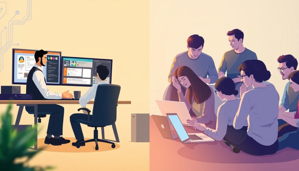 A split-screen illustration showcasing operating system compatibility. On the left side, a professional Linux user in business attire sits at a modern desk with dual monitors displaying different Linux distributions, focused on troubleshooting support issues. On the right side, a casual group setting features community users, casually dressed, engaging in a lively discussion about Linux compatibility over laptops. The background includes a subtle gradient representing digital networks and circuits. Soft, warm lighting creates a collaborative atmosphere, while a slight depth of field blurs the background, enhancing the foreground activity. The overall mood conveys a contrast between structured, professional support and informal community-driven problem-solving. A split-screen illustration showcasing operating system compatibility. On the left side, a professional Linux user in business attire sits at a modern desk with dual monitors displaying different Linux distributions, focused on troubleshooting support issues. On the right side, a casual group setting features community users, casually dressed, engaging in a lively discussion about Linux compatibility over laptops. The background includes a subtle gradient representing digital networks and circuits. Soft, warm lighting creates a collaborative atmosphere, while a slight depth of field blurs the background, enhancing the foreground activity. The overall mood conveys a contrast between structured, professional support and informal community-driven problem-solving.