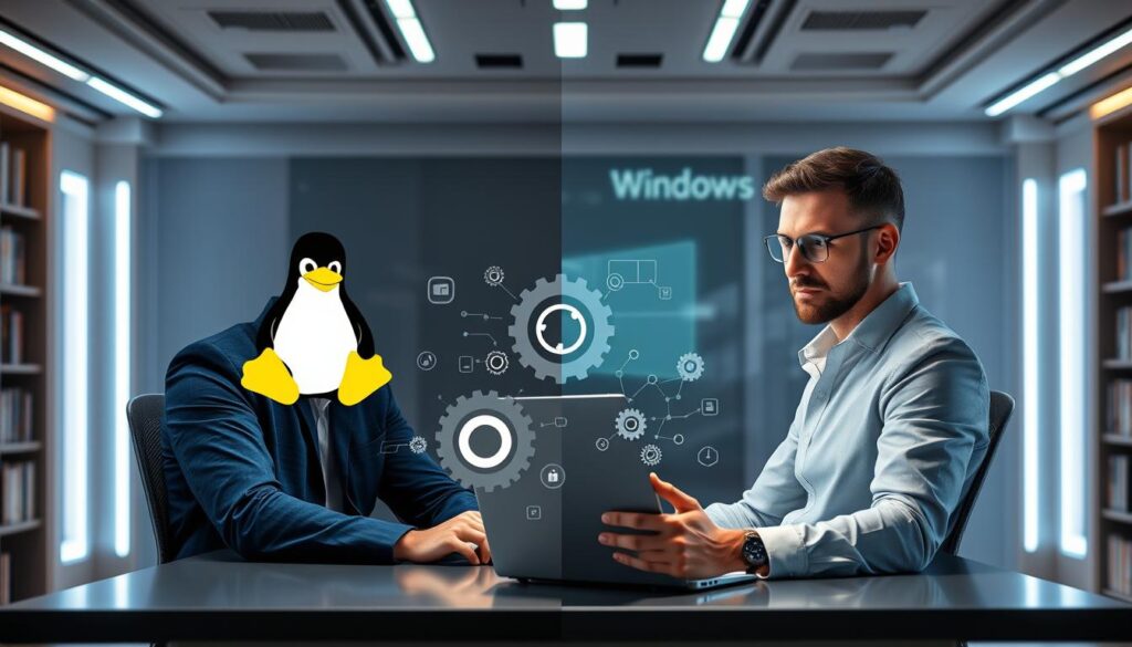 A split-screen image illustrating the concept of "drivers" for two different operating systems. In the foreground, a confident IT professional in smart casual clothing is seated at a modern desk, focused on a laptop displaying Linux on one side and Windows on the other. The middle section features dynamic visual elements representing drivers and updates, like gears and digital symbols, blending seamlessly between the two operating systems. In the background, a futuristic office environment with soft, ambient lighting creates a tech-savvy atmosphere, with shelves of books on technology and security. Shot from a slight angle to add depth, the overall mood is one of productivity and innovation, highlighting the synergy between Linux and Windows in a professional setting.