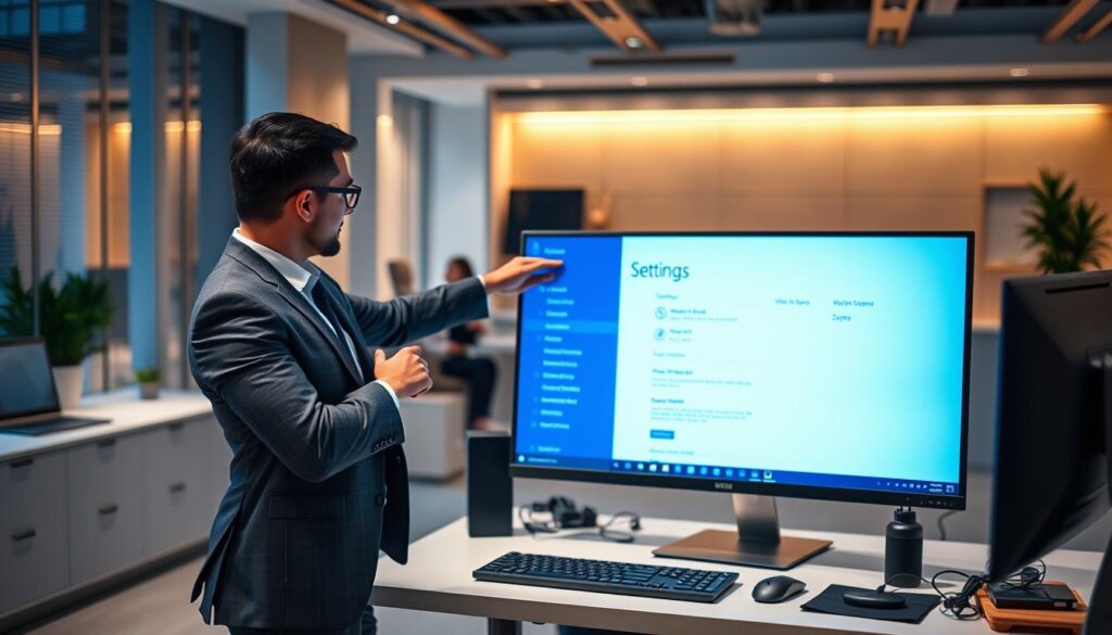 A stylish modern workspace with a large computer screen displaying the Windows Settings interface prominently in focus. In the foreground, a figure in professional business attire, a confident individual interacting with the screen, pointing at the display with an expression of concentration. The middle ground features a sleek desk with a keyboard, mouse, and various tech gadgets, all organized neatly. The background is softly blurred to highlight a contemporary office ambiance, with ambient lighting casting a warm glow, hinting at a productive environment. The overall mood is one of empowerment and control, evoking a sense of mastery over technology through the use of Windows settings and the Control Panel. A stylish modern workspace with a large computer screen displaying the Windows Settings interface prominently in focus. In the foreground, a figure in professional business attire, a confident individual interacting with the screen, pointing at the display with an expression of concentration. The middle ground features a sleek desk with a keyboard, mouse, and various tech gadgets, all organized neatly. The background is softly blurred to highlight a contemporary office ambiance, with ambient lighting casting a warm glow, hinting at a productive environment. The overall mood is one of empowerment and control, evoking a sense of mastery over technology through the use of Windows settings and the Control Panel.