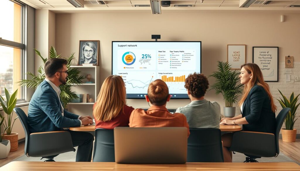 A supportive, collaborative workspace illustrating a "support network" for remote workers. In the foreground, diverse professionals engaged in a video call, dressed in smart casual attire, showing camaraderie and focus. The middle ground features a large screen displaying charts and metrics on cyber security and recovery habits, enhancing the theme of collaboration and shared goals. The background has soft office elements like plants and inspirational posters, with warm, natural lighting streaming through large windows, creating an inviting atmosphere. The composition should convey a sense of connection and mutual support to emphasize the importance of networks in maintaining security and well-being during remote work. Use a wide-angle lens to capture the depth of the interaction and the environment, aiming for a positive, encouraging mood. A supportive, collaborative workspace illustrating a "support network" for remote workers. In the foreground, diverse professionals engaged in a video call, dressed in smart casual attire, showing camaraderie and focus. The middle ground features a large screen displaying charts and metrics on cyber security and recovery habits, enhancing the theme of collaboration and shared goals. The background has soft office elements like plants and inspirational posters, with warm, natural lighting streaming through large windows, creating an inviting atmosphere. The composition should convey a sense of connection and mutual support to emphasize the importance of networks in maintaining security and well-being during remote work. Use a wide-angle lens to capture the depth of the interaction and the environment, aiming for a positive, encouraging mood.