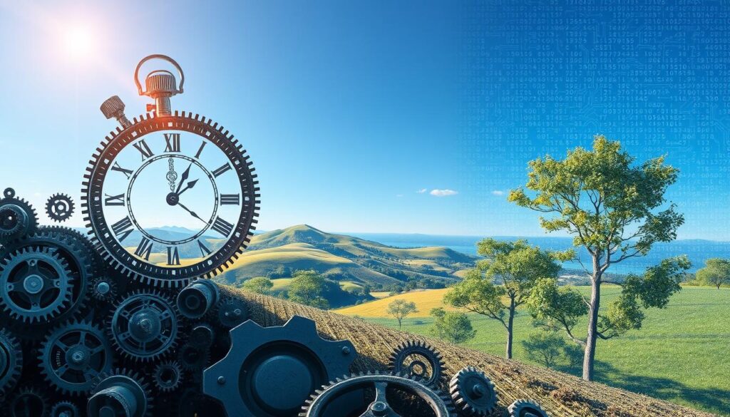 A surreal representation of "time predictability," featuring a seamless blend of technology and nature. In the foreground, intricate gears and clock components are interwoven with digital circuitry, symbolizing the harmony of time and computing. The middle ground showcases a serene landscape with rolling hills and trees whose leaves resemble circuit boards, hinting at the interconnectedness of systems. In the background, a clear blue sky transitions to a digital grid, suggesting infinite possibilities. The lighting is soft but dynamic, with gentle rays casting shadows that create a sense of depth. The atmosphere is one of calm efficiency, emphasizing order and consistency in the face of complexity.