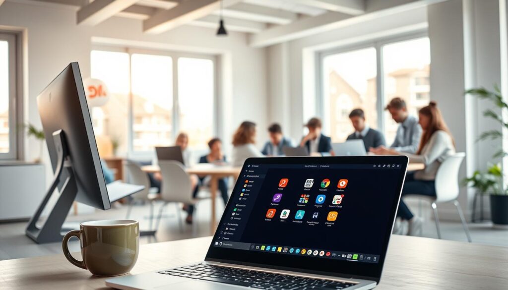A vibrant, modern workspace featuring a sleek desktop monitor displaying a colorful interface of various new Linux distributions. In the foreground, an open laptop showcases the desktop environment of a popular beginner-friendly distro, with icons and a clean layout. A stylish coffee cup sits nearby, emphasizing a relaxed yet focused atmosphere. In the middle ground, a diverse group of people, dressed in smart casual attire, engages in discussion around the workspace, analyzing different Linux distros on their devices. The background shows a bright room with large windows letting in natural light, casting soft shadows and creating a welcoming ambiance. The overall mood is collaborative and encouraging, highlighting the excitement and accessibility of choosing a new Linux distribution. A vibrant, modern workspace featuring a sleek desktop monitor displaying a colorful interface of various new Linux distributions. In the foreground, an open laptop showcases the desktop environment of a popular beginner-friendly distro, with icons and a clean layout. A stylish coffee cup sits nearby, emphasizing a relaxed yet focused atmosphere. In the middle ground, a diverse group of people, dressed in smart casual attire, engages in discussion around the workspace, analyzing different Linux distros on their devices. The background shows a bright room with large windows letting in natural light, casting soft shadows and creating a welcoming ambiance. The overall mood is collaborative and encouraging, highlighting the excitement and accessibility of choosing a new Linux distribution.