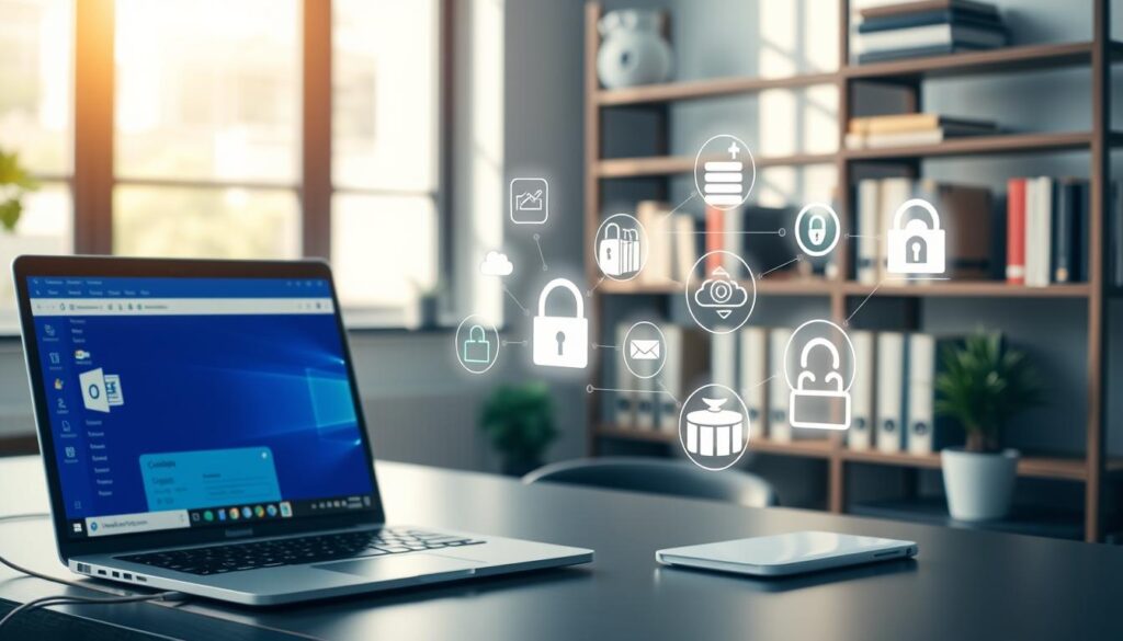 A visual representation of software compatibility featuring a sleek, modern office workspace. In the foreground, a well-organized desk displays a laptop running Microsoft Office applications, an open email client showing Outlook, and a stylish browser interface. The middle layer includes a transparent overlay of digital icons representing various compatible apps, like cloud storage and productivity tools, interconnected with luminous lines, symbolizing seamless integration. In the background, softly blurred shelves hold books on technology and cybersecurity, further enhancing the theme. The lighting is bright and airy, coming from a large window, creating a professional and inviting atmosphere. The image conveys a sense of efficiency and security, emphasizing a harmonious tech ecosystem.