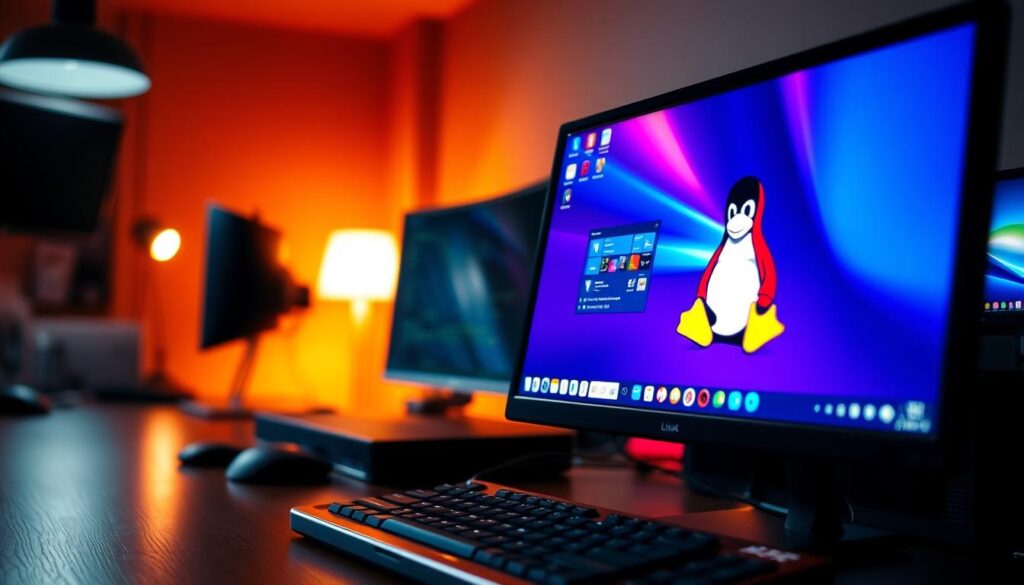 A visually captivating scene depicting the concept of dual booting. In the foreground, a sleek desktop computer monitor displays two operating systems side by side: one screen highlights a Windows interface adorned with familiar icons, while the other features a vibrant Linux desktop with unique elements. The middle ground features a well-organized workstation with a keyboard and mouse, suggesting productivity. In the background, ambient lighting casts a warm glow, emphasizing the contrast between the two operating systems. The mood is focused and tech-savvy, inviting viewers into a world of seamless workflow. A subtle lens blur enhances the depth of the scene, while the atmosphere conveys a sense of innovation and clarity, perfect for understanding the nuances of dual booting.