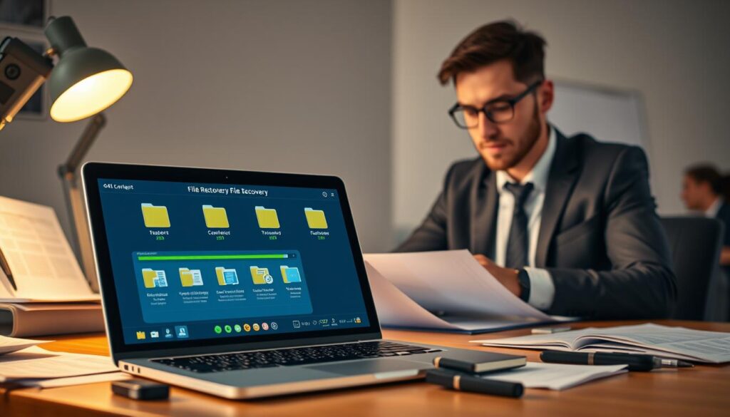 A visually compelling workspace scene focused on a digital file recovery process. In the foreground, a modern laptop displays a lively interface with file restoration software, showing progress bars and folder icons. Surrounding the laptop are various printed documents and USB drives, emphasizing the concept of data recovery. In the middle ground, a professional individual, dressed in business attire, interacts with the laptop, their expression focused and engaged. The background features a tidy desk with a soft glow from a desk lamp, casting warm light over the scene, creating a mood of productivity and privacy. The overall atmosphere should convey a sense of security and control over personal data, with a clear emphasis on maintaining system integrity. A visually compelling workspace scene focused on a digital file recovery process. In the foreground, a modern laptop displays a lively interface with file restoration software, showing progress bars and folder icons. Surrounding the laptop are various printed documents and USB drives, emphasizing the concept of data recovery. In the middle ground, a professional individual, dressed in business attire, interacts with the laptop, their expression focused and engaged. The background features a tidy desk with a soft glow from a desk lamp, casting warm light over the scene, creating a mood of productivity and privacy. The overall atmosphere should convey a sense of security and control over personal data, with a clear emphasis on maintaining system integrity.