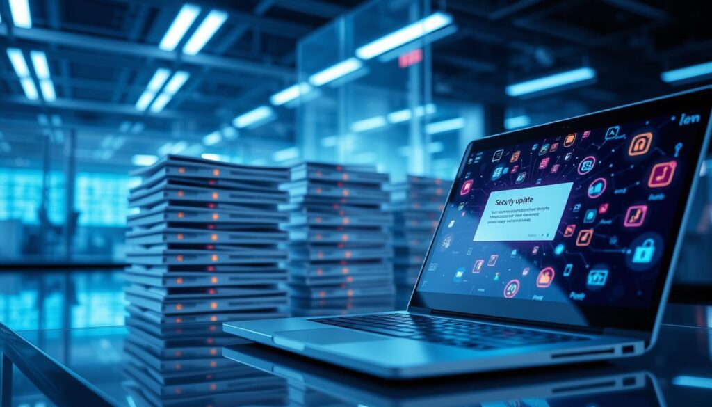 A visually dynamic depiction of the concept of "security updates" in a high-tech environment. In the foreground, a sleek, modern laptop displays a glowing notification alert for a security update, its screen reflecting vibrant, colorful icons symbolizing different software patches. In the middle ground, stacks of digitalized folders and files represent data management and systems administration, with a faint glow indicating active processes. In the background, a futuristic office setting with transparent screens and soft blue lighting suggests a professional atmosphere. The mood is focused and proactive, embodying the importance of digital security. Use a shallow depth of field to emphasize the laptop in the foreground while softening the background for added depth.