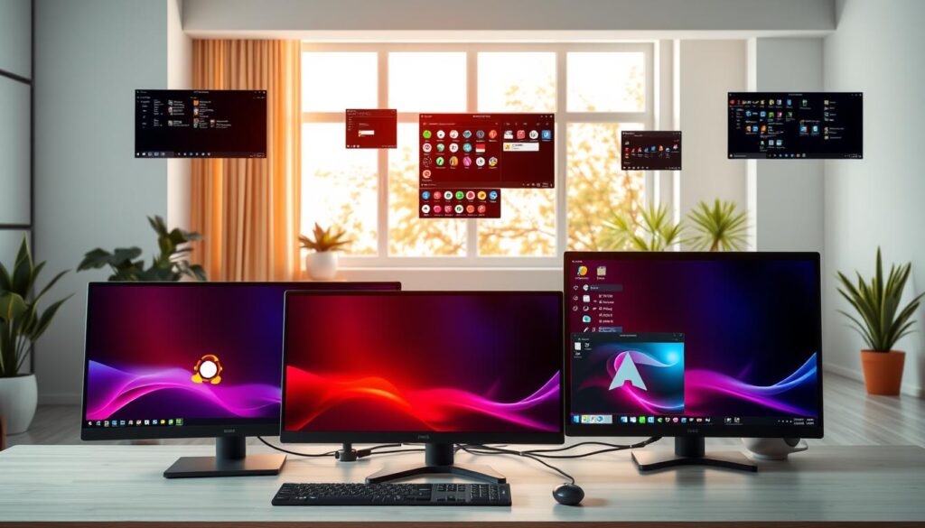A visually striking and organized workspace showcasing a variety of Linux distributions. In the foreground, a sleek, modern desktop computer displays vibrant Linux interface screenshots, featuring popular distributions like Ubuntu, Fedora, and Arch Linux, each with distinct color schemes. The middle ground involves an array of desktop environments like GNOME, KDE, and XFCE, illustrated as floating windows with intuitive icons, giving a sense of interactivity. In the background, a well-lit room with a minimalist design and potted plants creates a calm atmosphere, while a large window lets in natural daylight, enhancing the welcoming feel. The overall mood is inspiring and innovative, inviting users to explore their computing possibilities.