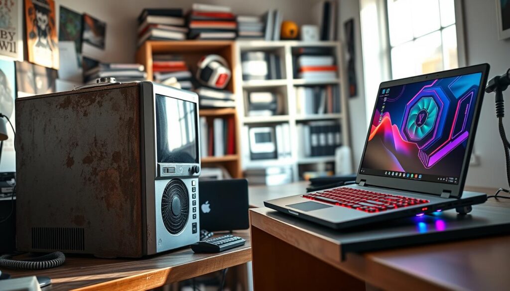 A visually striking comparison of performance hardware showcasing an older desktop PC on the left side and a sleek modern gaming laptop on the right. The older PC, with a dusty aluminum case, vintage peripherals, and a bulky CRT monitor, appears worn but reliable, positioned against a softly lit, cluttered desk environment. The modern laptop, featuring a thin profile and vibrant RGB keyboard, sits atop a minimalist futuristic desk, reflecting a bright, tech-savvy workspace. In the background, a blurred bookshelf filled with tech manuals and gadgets creates depth. Natural light filters through a nearby window, casting soft shadows, enhancing the contrast between the two setups. The mood evokes nostalgia for older technology while illustrating the advancements in hardware design and performance.