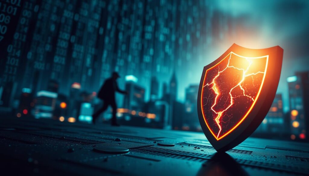 A visually striking concept of "security vulnerabilities" depicted through an abstract digital landscape. In the foreground, a fragmented shield representing a computer's defense, with cracks glaringly illuminated to symbolize weaknesses. In the middle ground, ominous shadows loom from undefined malicious entities, suggesting invisible threats lurking. The background features a blurred cityscape of binary code cascading like rain, creating a sense of chaos surrounding the concept of stability in computing. Use cool-toned lighting with a stark contrast to create a moody atmosphere, highlighting the tension between safety and vulnerability. A low-angle perspective captures the magnitude of the scene, emphasizing the lurking dangers of an "update-free" environment.