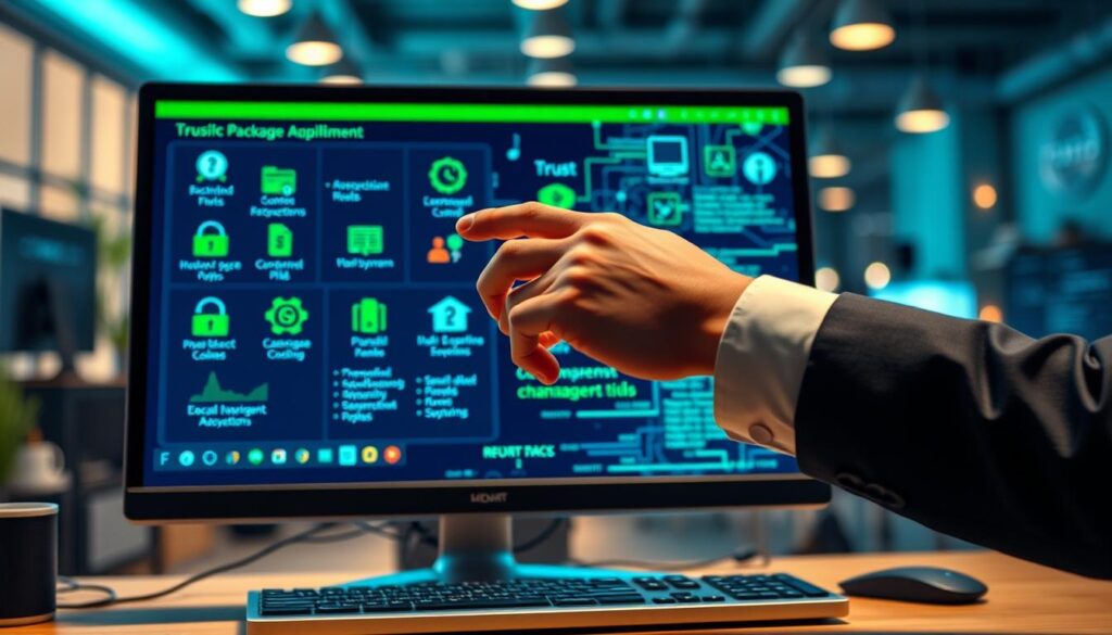 A visually striking concept representing software management and trust in the context of Linux distributions. In the foreground, a sleek computer monitor displays a vibrant interface showcasing various package management tools, their icons illuminated in green and blue hues. A hand, dressed in a professional business attire, hovers above a keyboard, exuding a sense of focus and determination. The middle layer features abstract visualizations of software repositories and data flow, seamlessly integrating lines of code and dynamic algorithms. The background is a soft, blurred co-working space filled with warm lighting and modern tech equipment, enhancing the atmosphere of innovation and collaboration. The overall mood conveys urgency and importance, emphasizing the often-overlooked aspect of software management in tech choices.