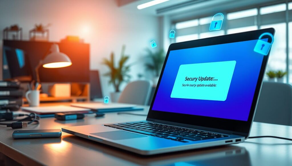 A visually striking digital artwork depicting the concept of "security updates" in personal computing. In the foreground, a sleek laptop is open, displaying a vibrant, glowing notification alert indicating a security update is available. Beside it, an organized desktop cluttered with tools like a USB drive and external hard disk glowing with a blue light. In the middle ground, icons of "security shields" and "lock" symbols float around, subtly representing the essence of safety in digital spaces. The background features a soft-focus, modern office environment with a warm, inviting light filtering through a window, creating a professional yet approachable atmosphere. The color palette is predominantly blue and green, symbolizing technology and security. The scene conveys a confident mood, emphasizing the importance of prudent digital practices without the need to always chase the latest software versions. A visually striking digital artwork depicting the concept of "security updates" in personal computing. In the foreground, a sleek laptop is open, displaying a vibrant, glowing notification alert indicating a security update is available. Beside it, an organized desktop cluttered with tools like a USB drive and external hard disk glowing with a blue light. In the middle ground, icons of "security shields" and "lock" symbols float around, subtly representing the essence of safety in digital spaces. The background features a soft-focus, modern office environment with a warm, inviting light filtering through a window, creating a professional yet approachable atmosphere. The color palette is predominantly blue and green, symbolizing technology and security. The scene conveys a confident mood, emphasizing the importance of prudent digital practices without the need to always chase the latest software versions.