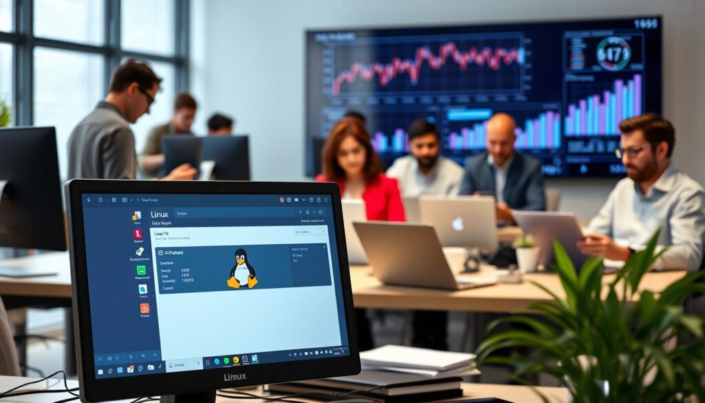 A visually striking, modern Linux virtual machine environment presented in an office setting. In the foreground, a sleek workstation displays a Linux distro GUI interface, featuring a clean, minimalistic design with vibrant colors and intuitive icons. In the middle ground, a diverse group of professionals in smart casual attire engage with their laptops, showcasing various tasks like coding, data analysis, and server monitoring. The background features a large digital screen with graphs and statistics, symbolizing optimization and performance monitoring in virtualization. Soft, ambient lighting creates a productive yet relaxed atmosphere, while a shallow depth of field emphasizes the foreground activity. The composition exudes a sense of focus, tech-savviness, and collaboration, ideal for highlighting the advantages of Linux distros in virtual machine contexts.