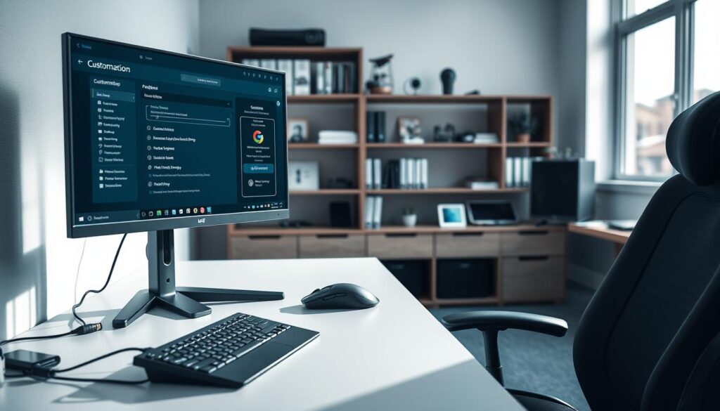 A well-organized computer setup in a modern home office, showcasing user-owned technology. In the foreground, a sleek desk with a high-resolution monitor displaying customization options, a mechanical keyboard, and an ergonomic mouse. In the middle ground, a minimalistic bookshelf filled with tech manuals and personal devices like a tablet and smartphone. The background features a large window with natural light streaming in, illuminating the space and creating a calm, productive atmosphere. Soft shadows enhance the depth of the scene, while cool colors like blues and greys evoke a sense of control and stability. The overall composition captures the essence of a system that honors the user’s autonomy over their technology.