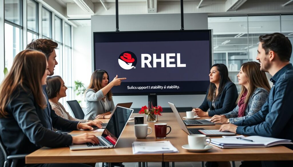 An office environment featuring a diverse team of IT professionals, engaged in discussions about Red Hat Enterprise Linux (RHEL). In the foreground, focus on a male and female technician, both wearing business casual clothing, pointing at a large monitor displaying the RHEL logo and support documentation. In the middle, include a table with open laptops, technical manuals, and coffee cups, symbolizing collaboration and focus on stability. The background features a modern office with large windows, natural light streaming in, creating a bright and inviting atmosphere. The scene conveys a sense of teamwork and dedication to delivering reliable support, emphasizing professionalism and expertise in technology. Use a wide-angle lens to capture the entire scene, highlighting the commitment to stability-first approaches in RHEL. An office environment featuring a diverse team of IT professionals, engaged in discussions about Red Hat Enterprise Linux (RHEL). In the foreground, focus on a male and female technician, both wearing business casual clothing, pointing at a large monitor displaying the RHEL logo and support documentation. In the middle, include a table with open laptops, technical manuals, and coffee cups, symbolizing collaboration and focus on stability. The background features a modern office with large windows, natural light streaming in, creating a bright and inviting atmosphere. The scene conveys a sense of teamwork and dedication to delivering reliable support, emphasizing professionalism and expertise in technology. Use a wide-angle lens to capture the entire scene, highlighting the commitment to stability-first approaches in RHEL.